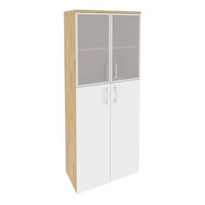 Onix O.ST-1.7R (Тиквуд Светлый/Белый Бриллиант) Шкаф высокий широкий (2 средних фасада ЛДСП + 2 низких фасада стекло в раме)