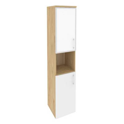 Onix O.SU-1.4R(L) white (Тиквуд Светлый/Белый Бриллиант) Шкаф высокий узкий левый (1 низкий фасад ЛДСП + 1 низкий фасад стекло лакобель в раме)