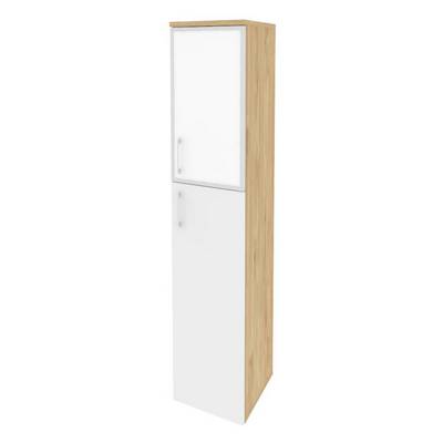 Onix O.SU-1.7R(R) white (Тиквуд Светлый/Белый Бриллиант) Шкаф высокий узкий правый (1 средний фасад ЛДСП + 1 низкий фасад стекло лакобель в раме)