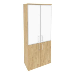 O.ST-1.2R white (Тиквуд Светлый) Шкаф высокий широкий (2 низких фасада ЛДСП + 2 средних фасада стекло лакобель в раме)