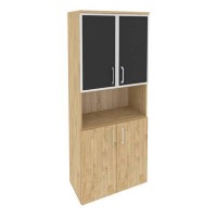 Onix O.ST-1.4R black (Тиквуд Светлый) Шкаф высокий широкий (2 низких фасада ЛДСП + 2 низких фасада стекло лакобель в раме)