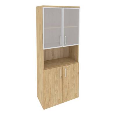 Onix O.ST-1.4R (Тиквуд Светлый) Шкаф высокий широкий (2 низких фасада ЛДСП + 2 низких фасада стекло в раме)