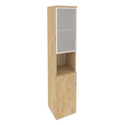 Onix O.SU-1.4R(L) (Тиквуд Светлый) Шкаф высокий узкий левый (1 низкий фасад ЛДСП + 1 низкий фасад стекло в раме)