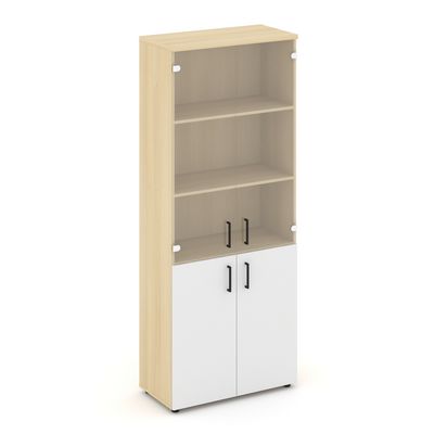 Style Project SN.STS-102 (Акация лорка/Белый) Шкаф высокий широкий (2 низких фасада ЛДСП + 2 средних фасада стекло прозрачное)