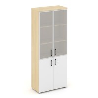 Style Project SN.STS-103 (Акация лорка/Белый) Шкаф высокий широкий (2 низких фасада ЛДСП + 2 средних фасада стекло сатин в раме)