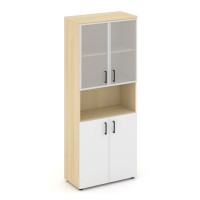 Style Project SN.STS-106 (Акация лорка/Белый) Шкаф высокий широкий (2 низких фасада ЛДСП + 2 низких фасада стекло сатин в раме)