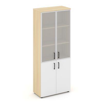 Style Project SN.STS.E-103 (Акация лорка/Белый) Шкаф высокий широкий (2 низких фасада ЛДСП + 2 средних фасада стекло сатин в раме)