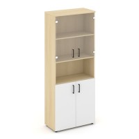 Style Project SN.STS.E-105 (Акация лорка/Белый) Шкаф высокий широкий (2 низких фасада ЛДСП + 2 низких фасада стекло прозрачное)