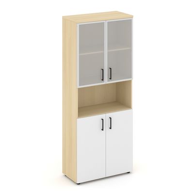 Style Project SN.STS.E-106 (Акация лорка/Белый) Шкаф высокий широкий (2 низких фасада ЛДСП + 2 низких фасада стекло сатин в раме)