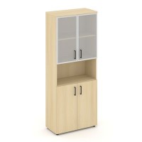 Style Project SN.STS.E-106 (Акация лорка) Шкаф высокий широкий (2 низких фасада ЛДСП + 2 низких фасада стекло сатин в раме)