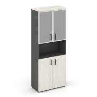 Style Project SN.STS-106 (Антрацит/Дуб наварра) Шкаф высокий широкий (2 низких фасада ЛДСП + 2 низких фасада стекло сатин в раме)
