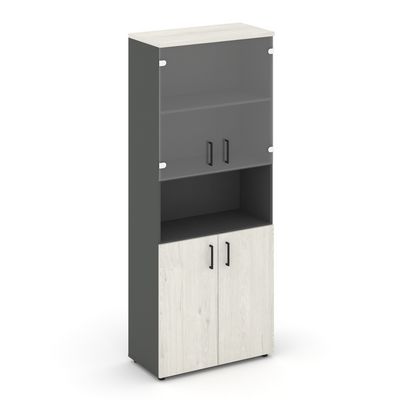 Style Project SN.STS.E-105 (Антрацит/Дуб наварра) Шкаф высокий широкий (2 низких фасада ЛДСП + 2 низких фасада стекло прозрачное)