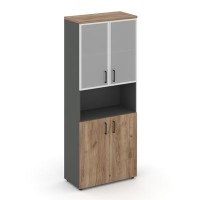 Style Project SN.STS.E-106 (Антрацит/Дуб табак) Шкаф высокий широкий (2 низких фасада ЛДСП + 2 низких фасада стекло сатин в раме)