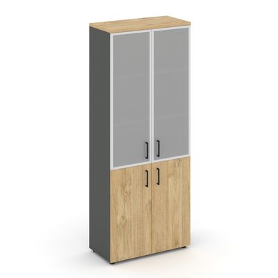 Style Project SN.STS-103 (Антрацит/Тиквуд светлый) Шкаф высокий широкий (2 низких фасада ЛДСП + 2 средних фасада стекло сатин в раме)