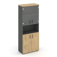Style Project SN.STS-105 (Антрацит/Тиквуд светлый) Шкаф высокий широкий (2 низких фасада ЛДСП + 2 низких фасада стекло прозрачное)