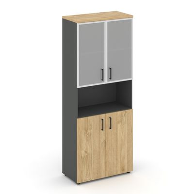 Style Project SN.STS-106 (Антрацит/Тиквуд светлый) Шкаф высокий широкий (2 низких фасада ЛДСП + 2 низких фасада стекло сатин в раме)