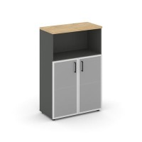 Style Project SN.STS-203 (Антрацит/Тиквуд светлый) Шкаф средний широкий (2 низких фасада стекло сатин в раме)