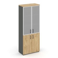 Style Project SN.STS.E-103 (Антрацит/Тиквуд светлый) Шкаф высокий широкий (2 низких фасада ЛДСП + 2 средних фасада стекло сатин в раме)