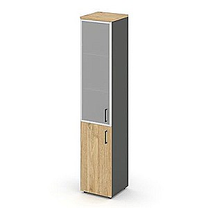 Стайл Проджект SN.STU-103(L) (Антрацит/Тиквуд светлый) Шкаф высокий узкий левый (1 низкий фасад ЛДСП + 1 средний фасад стекло сатин в раме)