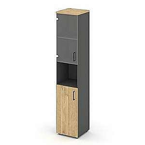 Стайл Проджект SN.STU-105(L) (Антрацит/Тиквуд светлый) Шкаф высокий узкий левый (1 низкий фасад ЛДСП + 1 низкий фасад стекло прозрачное)