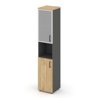 Style Project SN.STU-106(L) (Антрацит/Тиквуд светлый) Шкаф высокий узкий левый (1 низкий фасад ЛДСП + 1 низкий фасад стекло сатин в раме)