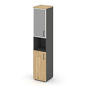 Стайл Проджект SN.STU-106(L) (Антрацит/Тиквуд светлый) Шкаф высокий узкий левый (1 низкий фасад ЛДСП + 1 низкий фасад стекло сатин в раме)