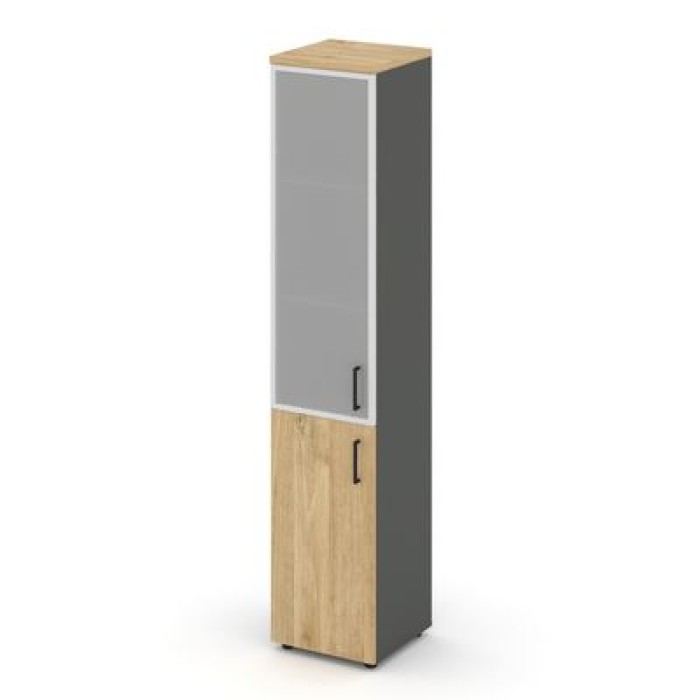 Стайл Проджект SN.STU.E-103(L) (Антрацит/Тиквуд светлый) Шкаф высокий узкий левый (1 низкий фасад ЛДСП + 1 средний фасад стекло сатин в раме)