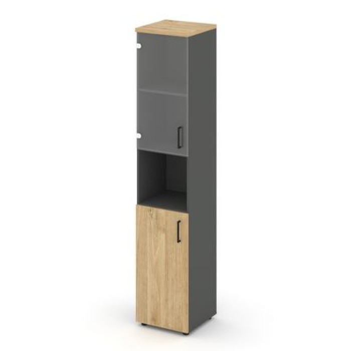 Стайл Проджект SN.STU.E-105(L) (Антрацит/Тиквуд светлый) Шкаф высокий узкий левый (1 низкий фасад ЛДСП + 1 низкий фасад стекло прозрачное)