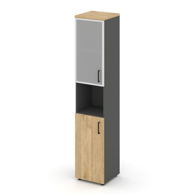 Style Project SN.STU.E-106(L) (Антрацит/Тиквуд светлый) Шкаф высокий узкий левый (1 низкий фасад ЛДСП + 1 низкий фасад стекло сатин в раме)