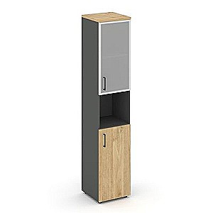 Стайл Проджект SN.STU.E-106(R) (Антрацит/Тиквуд светлый) Шкаф высокий узкий правый (1 низкий фасад ЛДСП + 1 низкий фасад стекло сатин в раме)