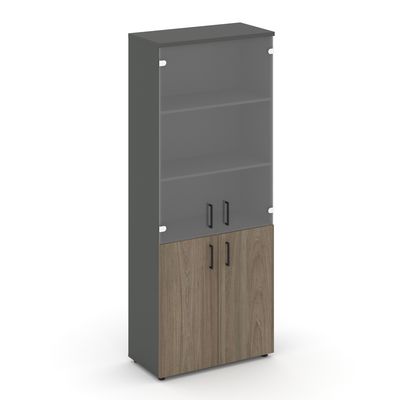 Style Project SN.STS.E-102 (Антрацит/Вяз благородный) Шкаф высокий широкий (2 низких фасада ЛДСП + 2 средних фасада стекло прозрачное)