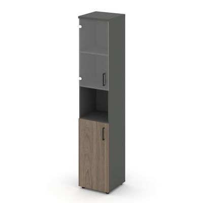 Style Project SN.STU.E-105(L) (Антрацит/Вяз благородный) Шкаф высокий узкий левый (1 низкий фасад ЛДСП + 1 низкий фасад стекло прозрачное)