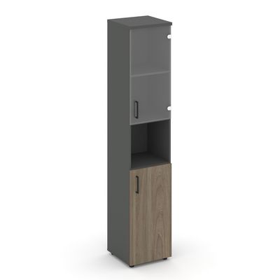 Style Project SN.STU.E-105(R) (Антрацит/Вяз благородный) Шкаф высокий узкий правый (1 низкий фасад ЛДСП + 1 низкий фасад стекло прозрачное)
