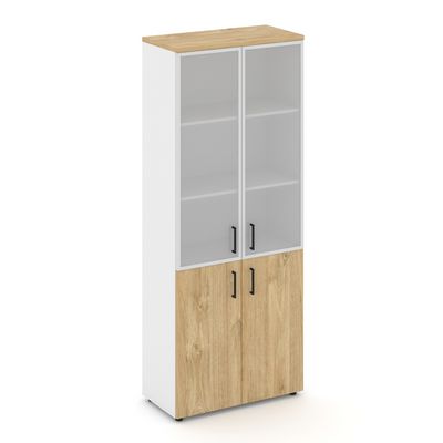 Style Project SN.STS-103 (Белый/Тиквуд светлый) Шкаф высокий широкий (2 низких фасада ЛДСП + 2 средних фасада стекло сатин в раме)