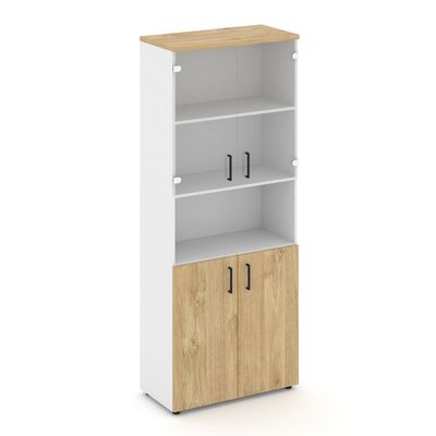 Style Project SN.STS-105 (Белый/Тиквуд светлый) Шкаф высокий широкий (2 низких фасада ЛДСП + 2 низких фасада стекло прозрачное)