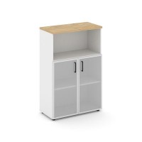 Style Project SN.STS-203 (Белый/Тиквуд светлый) Шкаф средний широкий (2 низких фасада стекло сатин в раме)