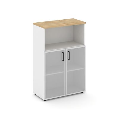 Style Project SN.STS-203 (Белый/Тиквуд светлый) Шкаф средний широкий (2 низких фасада стекло сатин в раме)