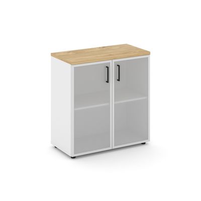 Style Project SN.STS-303 (Белый/Тиквуд светлый) Шкаф низкий широкий (2 низких фасада стекло сатин в раме)