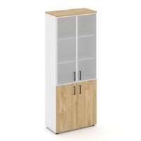 Style Project SN.STS.E-103 (Белый/Тиквуд светлый) Шкаф высокий широкий (2 низких фасада ЛДСП + 2 средних фасада стекло сатин в раме)