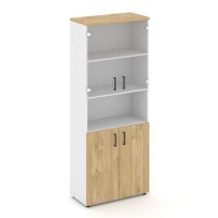 Style Project SN.STS.E-105 (Белый/Тиквуд светлый) Шкаф высокий широкий (2 низких фасада ЛДСП + 2 низких фасада стекло прозрачное)