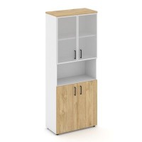 Style Project SN.STS.E-106 (Белый/Тиквуд светлый) Шкаф высокий широкий (2 низких фасада ЛДСП + 2 низких фасада стекло сатин в раме)