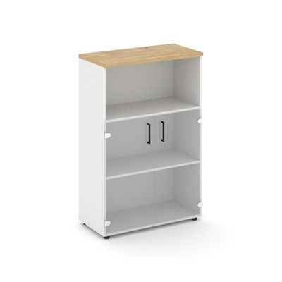 Style Project SN.STS.E-202 (Белый/Тиквуд светлый) Шкаф средний широкий (2 низких фасада стекло прозрачное)