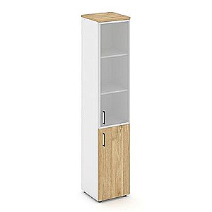 Стайл Проджект SN.STU-103(R) (Белый/Тиквуд светлый) Шкаф высокий узкий правый (1 низкий фасад ЛДСП + 1 средний фасад стекло сатин в раме)
