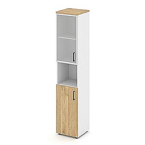 Стайл Проджект SN.STU-106(L) (Белый/Тиквуд светлый) Шкаф высокий узкий левый (1 низкий фасад ЛДСП + 1 низкий фасад стекло сатин в раме)