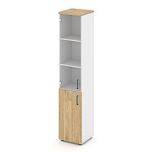 Стайл Проджект SN.STU.E-102(L) (Белый/Тиквуд светлый) Шкаф высокий узкий левый (1 низкий фасад ЛДСП + 1 средний фасад стекло прозрачное)