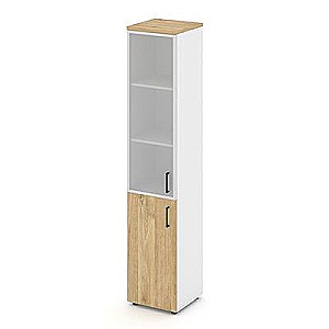 Стайл Проджект SN.STU.E-103(L) (Белый/Тиквуд светлый) Шкаф высокий узкий левый (1 низкий фасад ЛДСП + 1 средний фасад стекло сатин в раме)