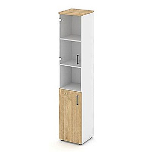 Стайл Проджект SN.STU.E-105(L) (Белый/Тиквуд светлый) Шкаф высокий узкий левый (1 низкий фасад ЛДСП + 1 низкий фасад стекло прозрачное)