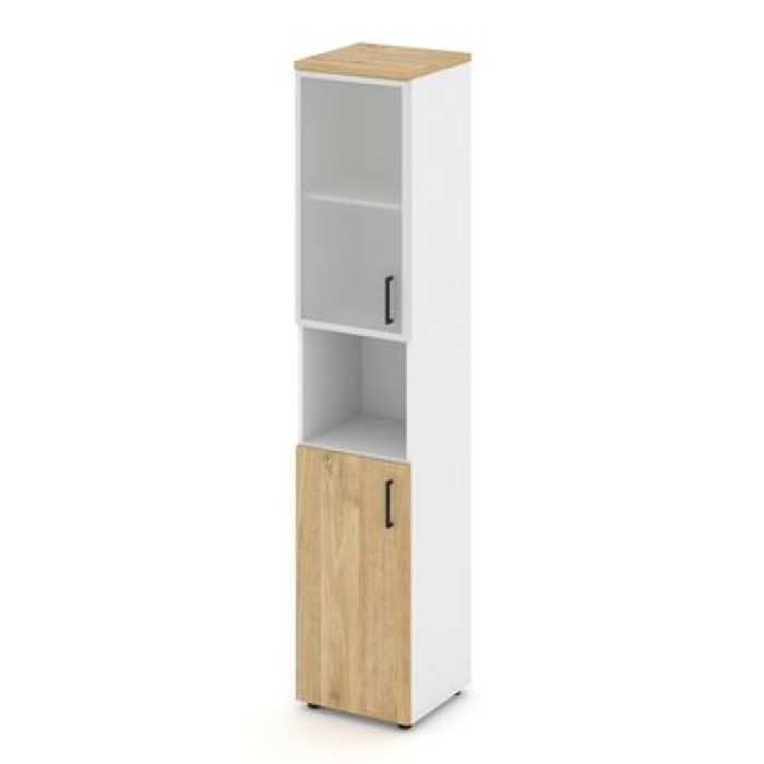 Стайл Проджект SN.STU.E-106(L) (Белый/Тиквуд светлый) Шкаф высокий узкий левый (1 низкий фасад ЛДСП + 1 низкий фасад стекло сатин в раме)