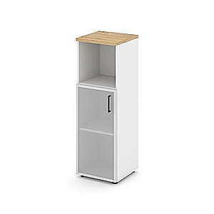 Стайл Проджект SN.STU.E-203(L) (Белый/Тиквуд светлый) Шкаф средний узкий левый (1 низкий фасад стекло сатин в раме)
