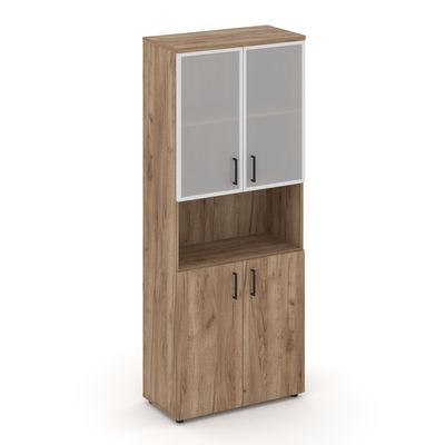 Style Project SN.STS.E-106 (Дуб табак) Шкаф высокий широкий (2 низких фасада ЛДСП + 2 низких фасада стекло сатин в раме)